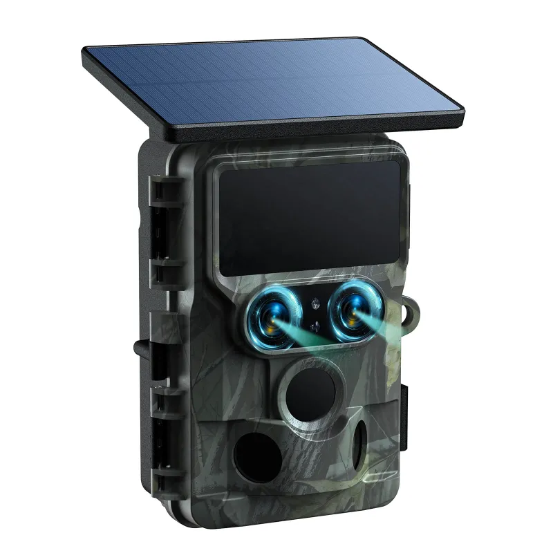 Voopeak TC22 dual lens trail camera showing solar panel and LCD screen