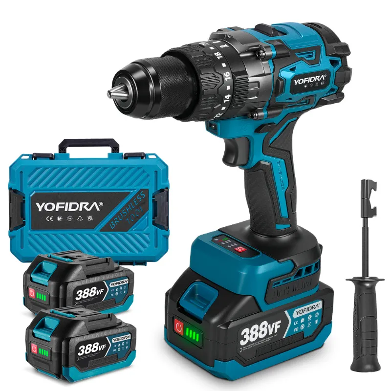 NewBeny 13mm 900N.m Brushless Cordless Impact Drill, shown with chuck detail and safety button