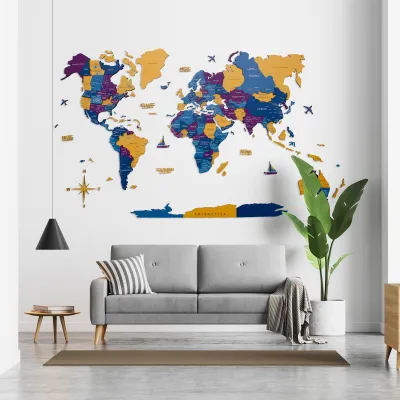 Enjoy The Wood 3D Wooden World Map Waterpark flat wooden wall decor with continents and ocean labels