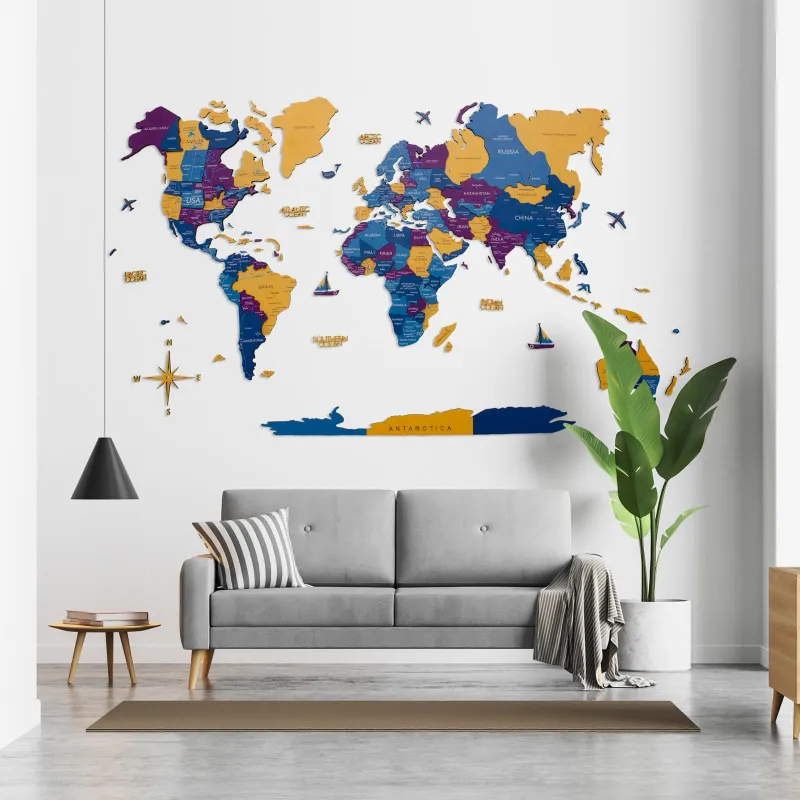 Enjoy The Wood 3D Wooden World Map Waterpark flat wooden wall decor with continents and ocean labels