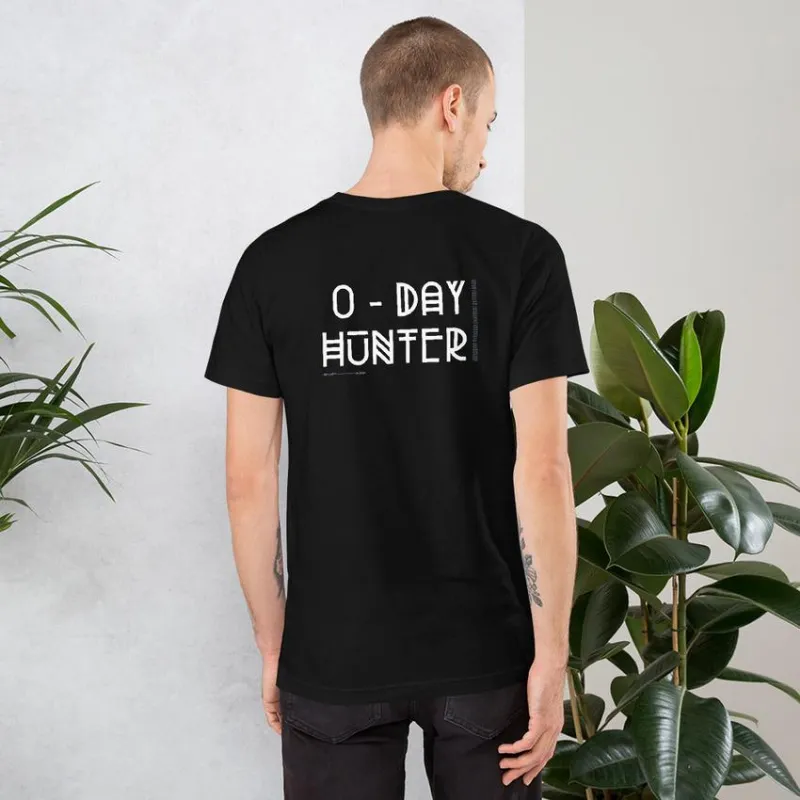 MyHackerTech 0-Day Hunter short-sleeve t-shirt with back print on model