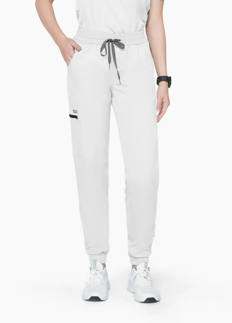 COMENII StyleFlex Jogger Scrub Pant in white with elastic ankle cuffs