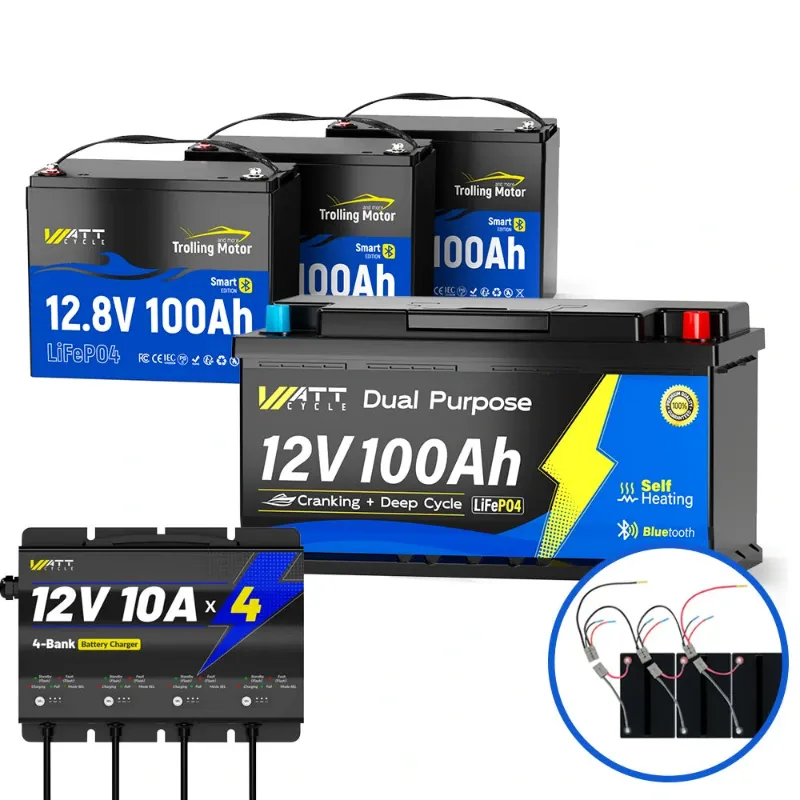 WattCycle In parallel 3 x 12V 100Ah LiFePO4 Dual Purpose Battery for Trolling Motors Kit with charger