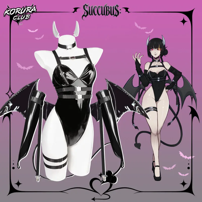 Koruraclub Cosplay Techwear Succubus Lingerie KO145 black PU costume set with wings