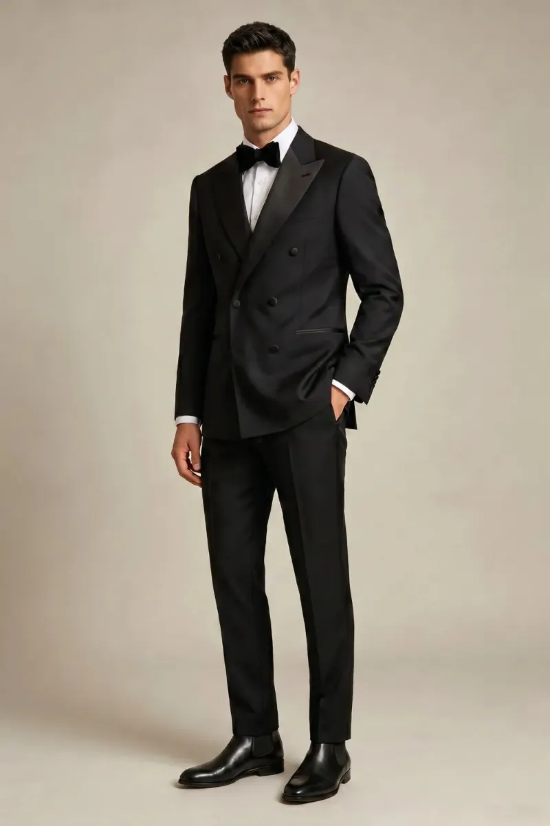 Wehilion Men's Black Double Breasted Peak Lapel Tuxedo at a black tie gala