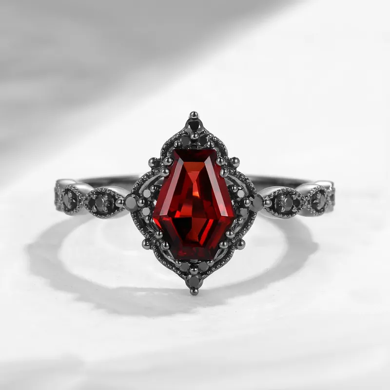 Starlandus Helena vintage coffin cut red garnet engagement ring in black gold with milgrain beaded edge