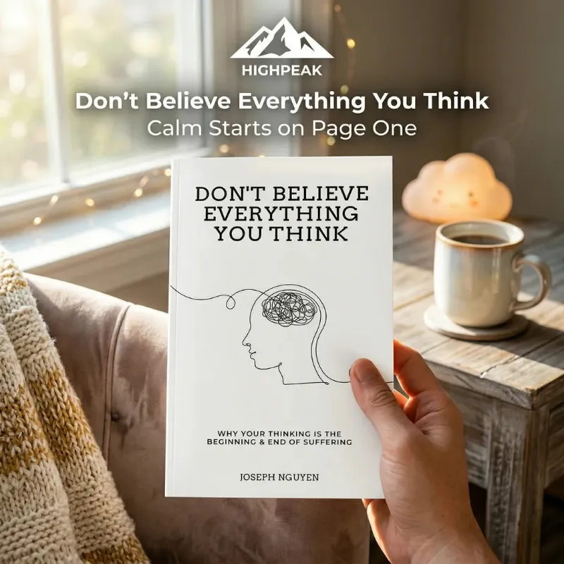 HighPeak "Don't Believe Everything You Think" Book photo showing the minimalist paperback cover