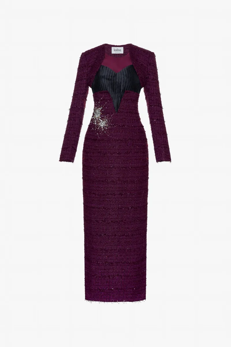 Kalisa Ao-Dai Inspired Cropped Jacket & Maxi Dress Tweed Set displayed