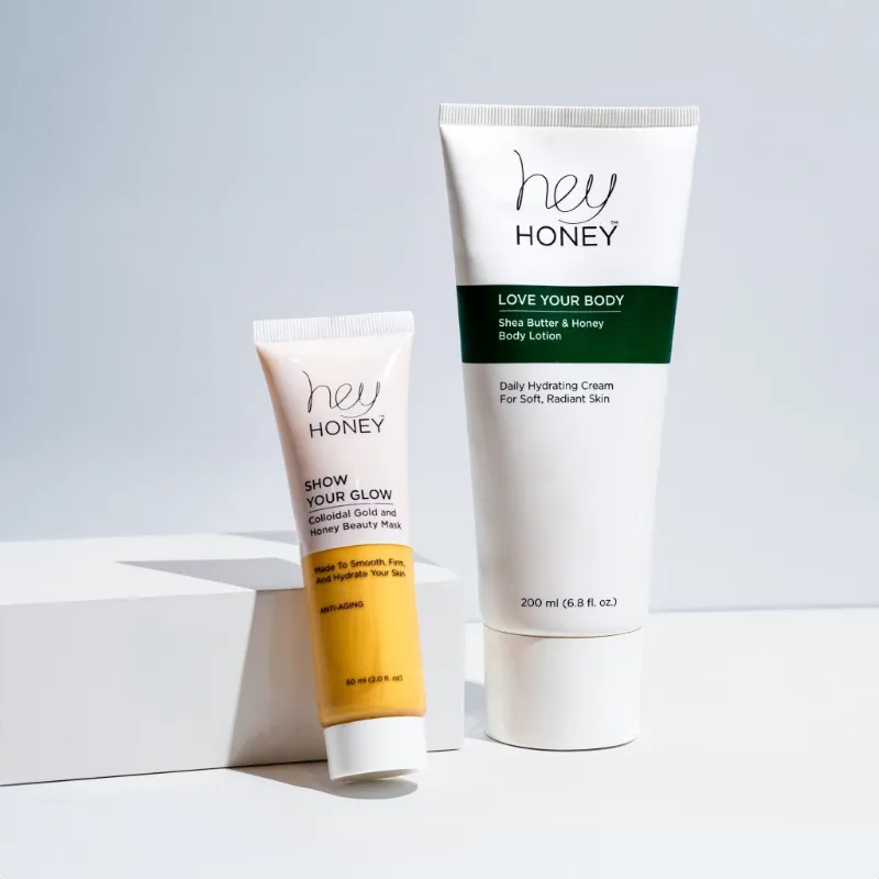Hey Honey GLOWING SKIN DUET Summer Set with shea butter body lotion and colloidal gold mask