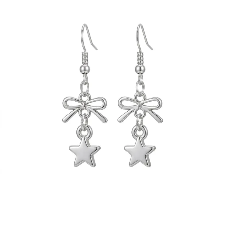 Shoptery Fairy Kei Silver Bow & Star Charm Drop Earrings showing layered charm detail and post closure
