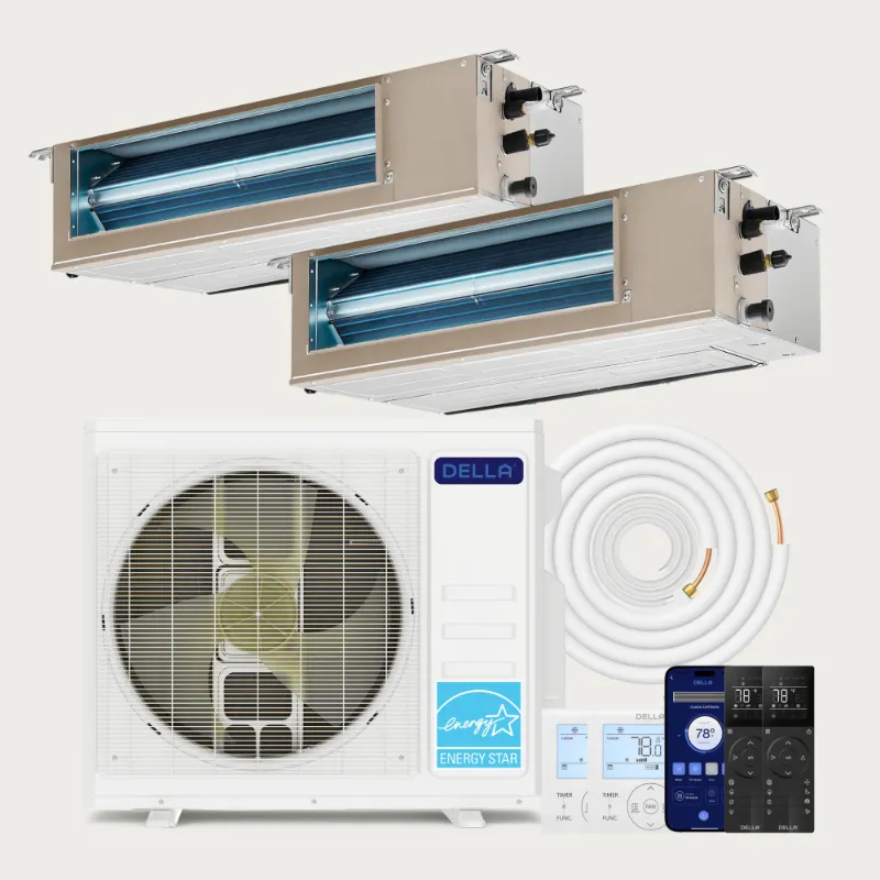 Della Home 27000 BTU dual zone concealed ducted mini split heat pump with 9.5K and 17K units