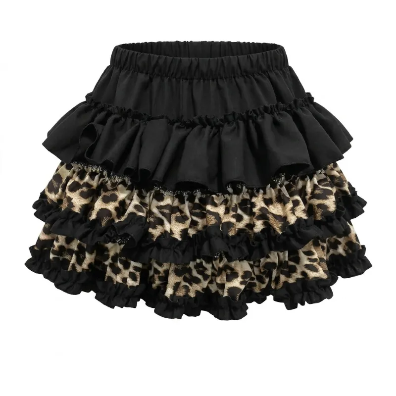 Shoptery Gyaru Leopard Print Tiered Ruffle Mini Skirt with cascading patchwork tiers