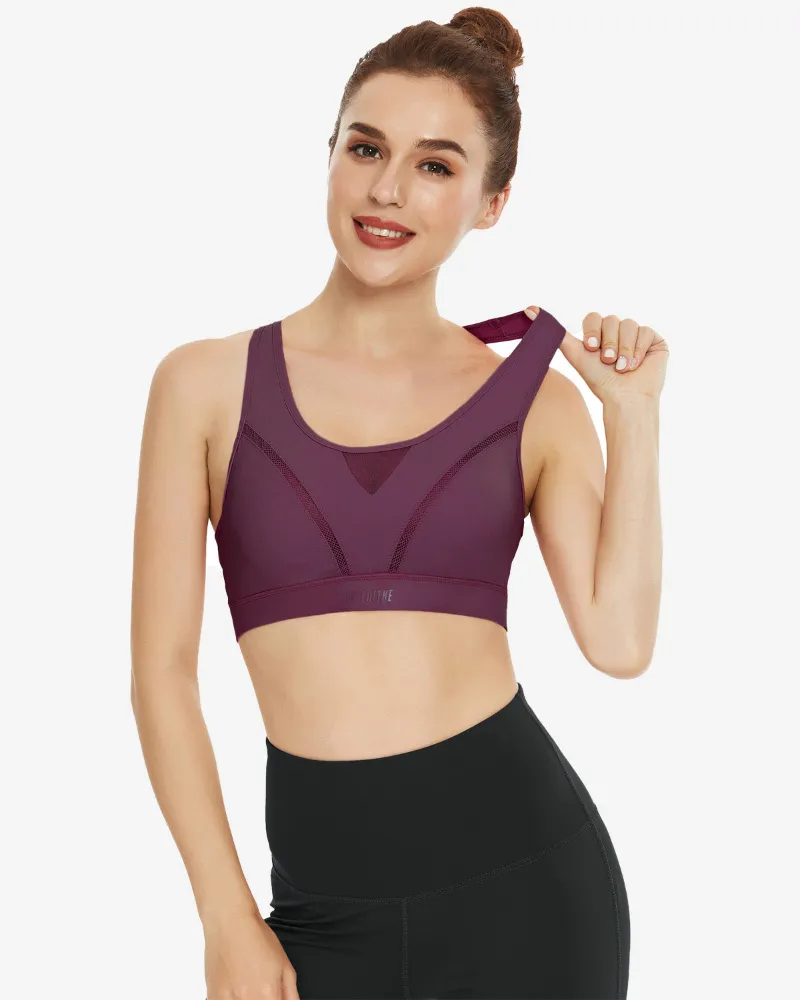 QUEENIEKE High Impact Hook-and-Eye Closure Sports Bra 8204 in black with strappy crisscross sides