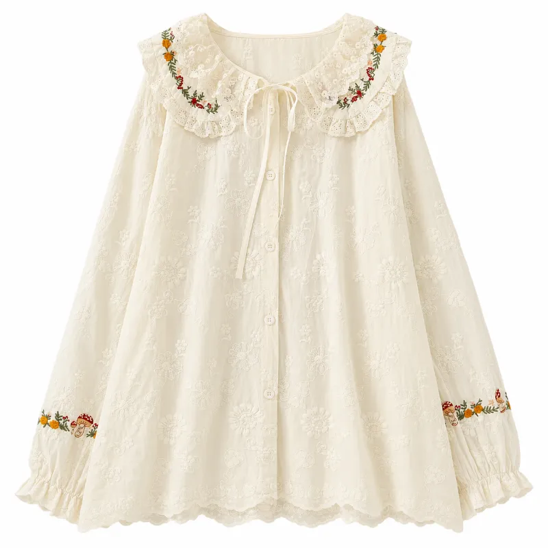 Cottagecore Clothes Cream Cottagecore Embroidered Lace Blouse in off-white cotton with lace trim