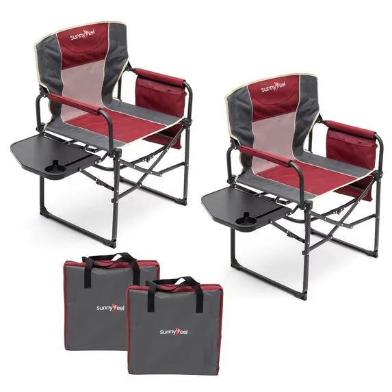 SunnyFeel Outdoor red mesh folding camping chairs with side table and cup holder, two pack