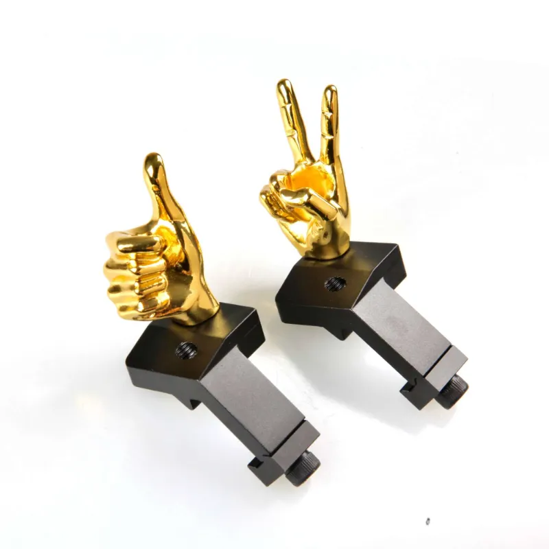 The Stinger Tools golden novelty finger iron sight set, offset 45 degree with V hand and thumbs up design