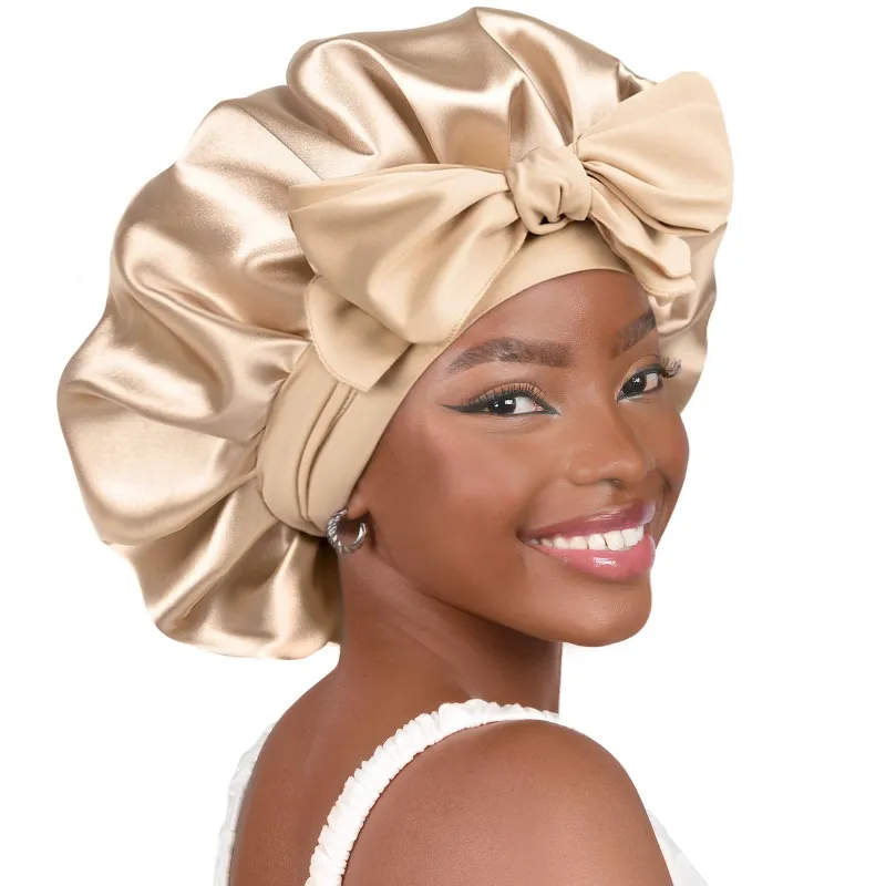 Yanibest Silk Butter Satin Bonnet with Tie Band in champagne gold, worn on model