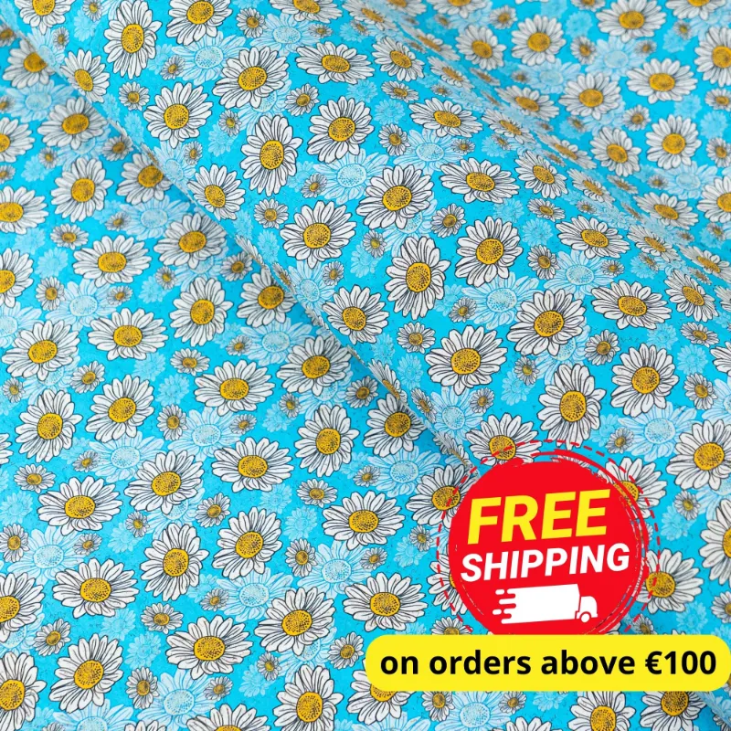 Corkadia Blue Daisy cork fabric with white and yellow daisies on sky-blue cork