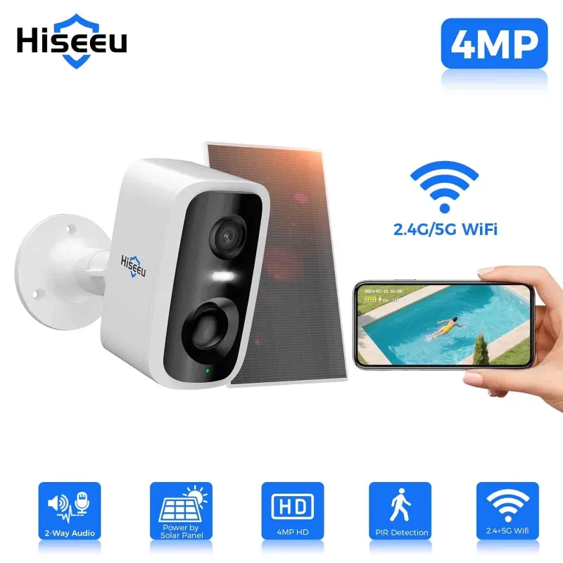 Hiseeu 4MP wireless outdoor security camera with solar panel charging dock