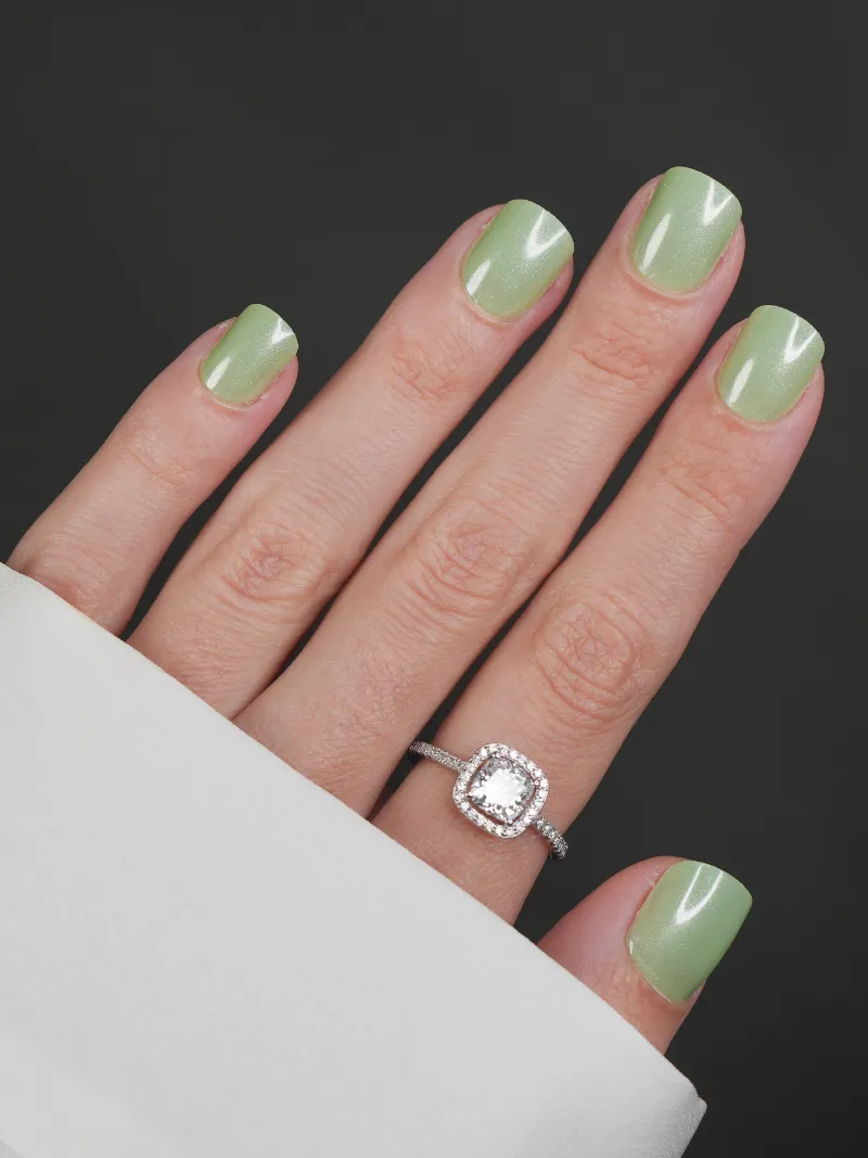Roxy Nails Paris Morning matcha press-on nails in pale green with pearlescent shimmer