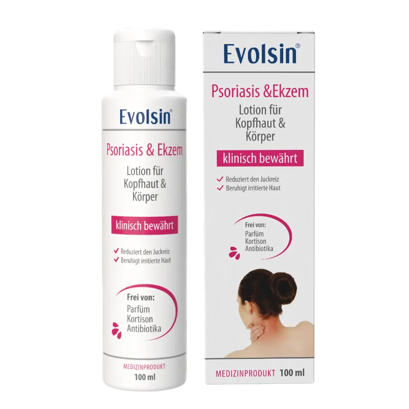 Evolsin Medical Psoriasis & Ekzem Lotion bottle for scalp and body treatment
