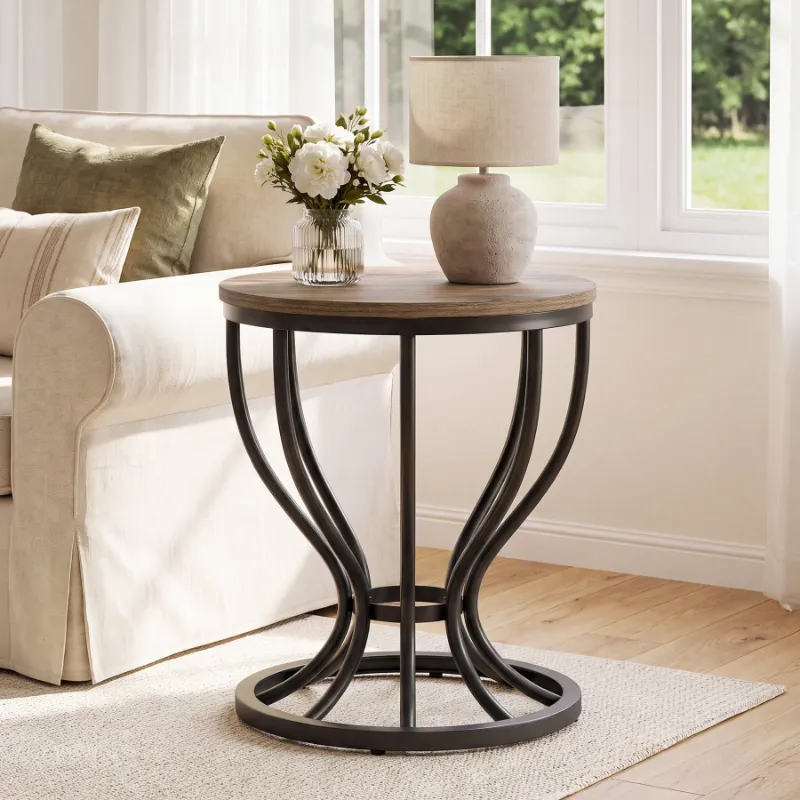 Tribesigns round side table with curved black metal hourglass frame and wood top
