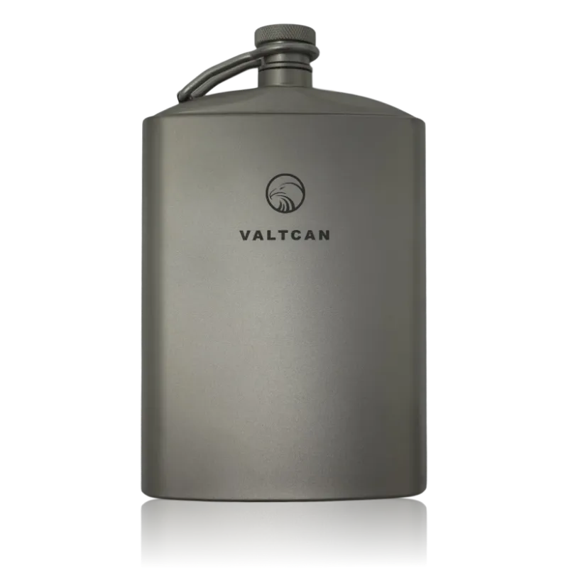 Valtcan Titanium Hip Flask 260ml with tethered cap, shown filled and empty