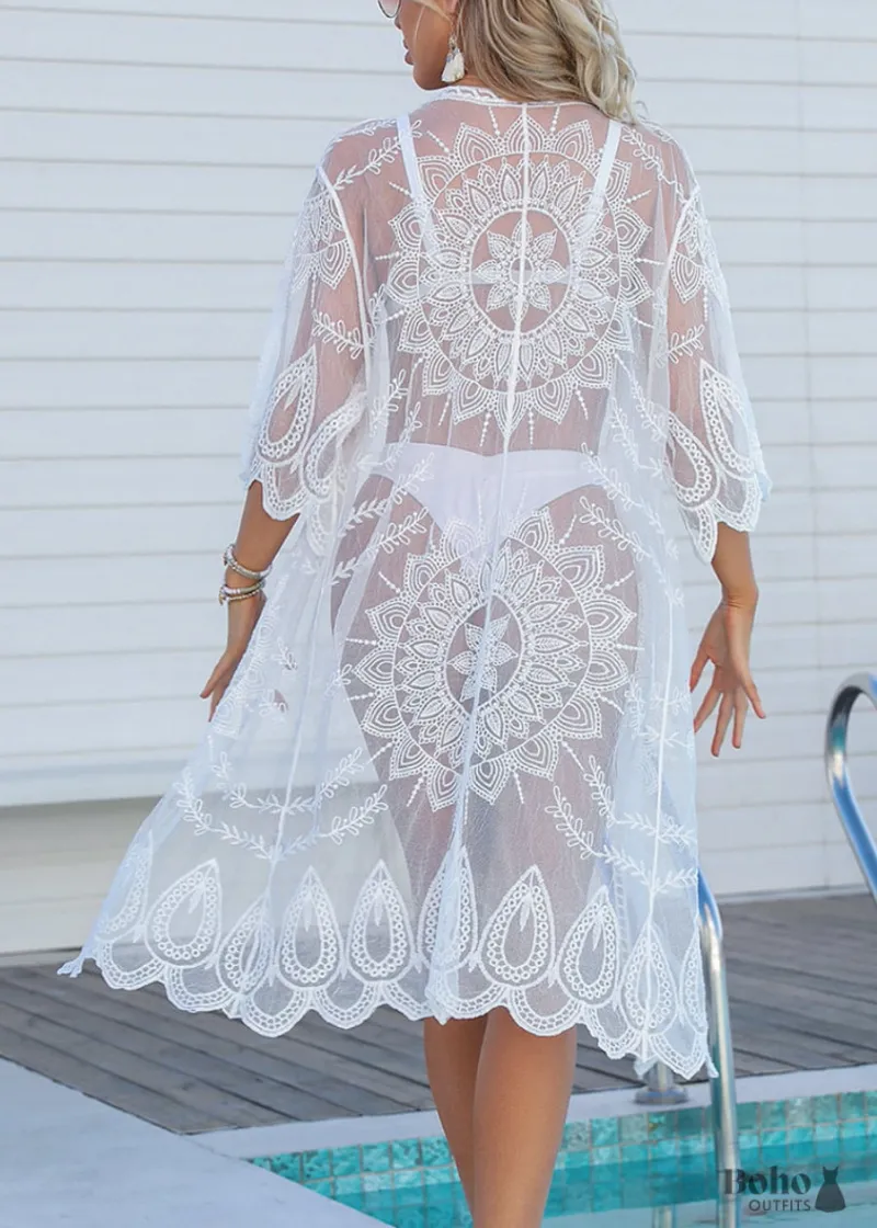 Boho Dress Beach Sunscreen Embroidered 3/4 Sleeve Boho Cardigan in white