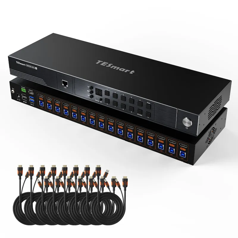 TESmart 16-Port 8K60Hz HDMI 2.1 KVM Switch with multi-control and USB 3.2 ports