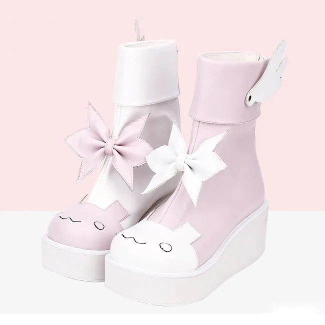 Juwas Angel Wings Bow Two-Tone Boots pink white heels side view