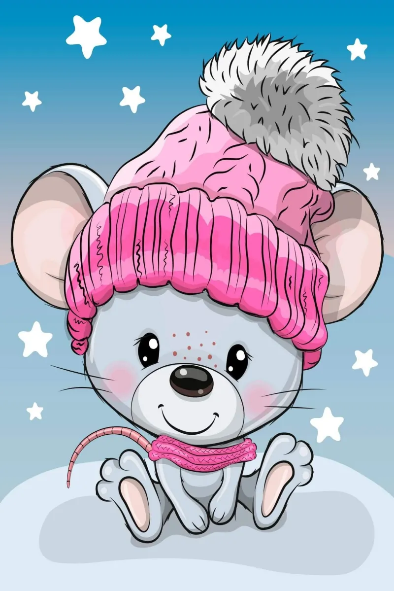 Varvikas 5D Diamond Painting 20×30 cm Baby Mouse, tiny mouse in pink knit hat on blue starry background
