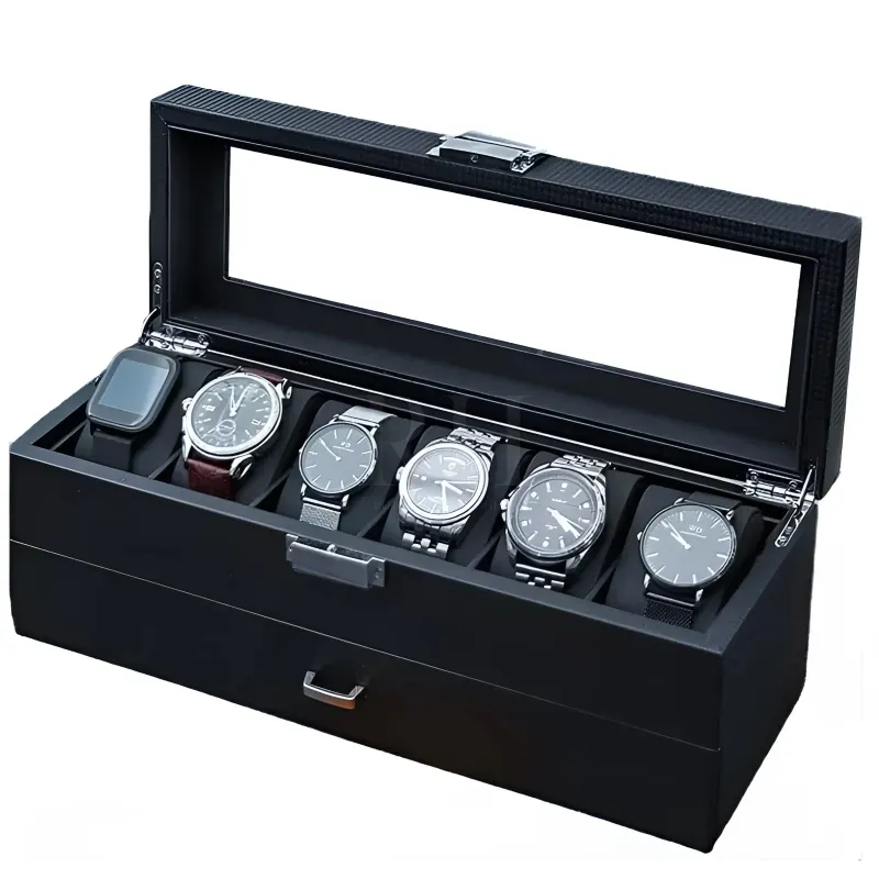 Rotation Horlogère boite à bijoux et montres, black 6-watch display case with clear plexiglass lid and drawer