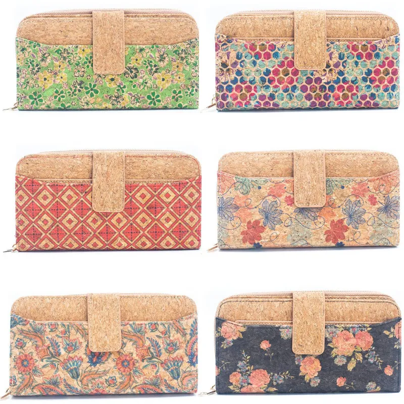 Corkadia 6 Pack of Floral Cork Wallets with colorful floral patterns and zipper closures