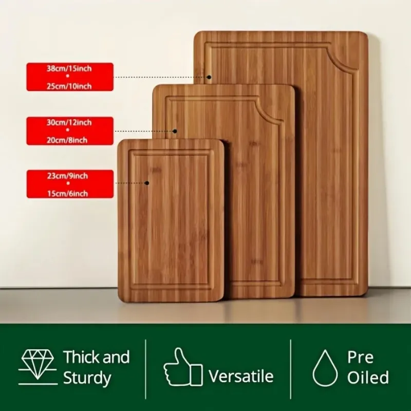 Kicklo 3PCS Bamboo Cutting Board set showing three rectangular boards with handles and juice grooves