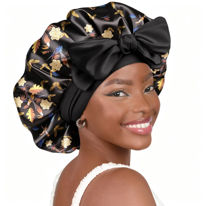 Yanibest Silk Butter Satin Bonnet with Tie Band in black gold floral print
