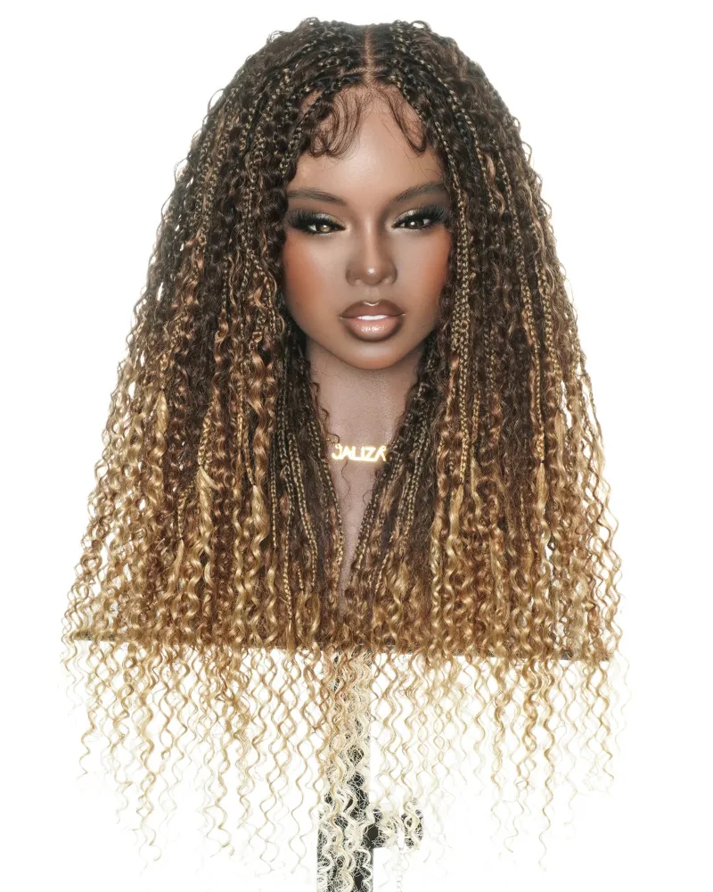 Jaliza 22 inch Water Wave Ombre braided wig showing four-tier color transition from dark brown to honey blonde