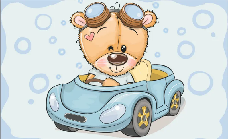 Varvikas 5D Diamond Painting 20×30 cm, Teddy Bear in a Car (LC029e) showing cute teddy wearing aviator goggles in blue car on sparkly canvas