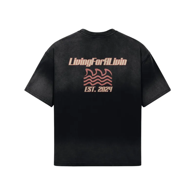 LivingForALivin Sun and Wave Tee showing a tie-dye boxy-fit t-shirt with tonal gradient