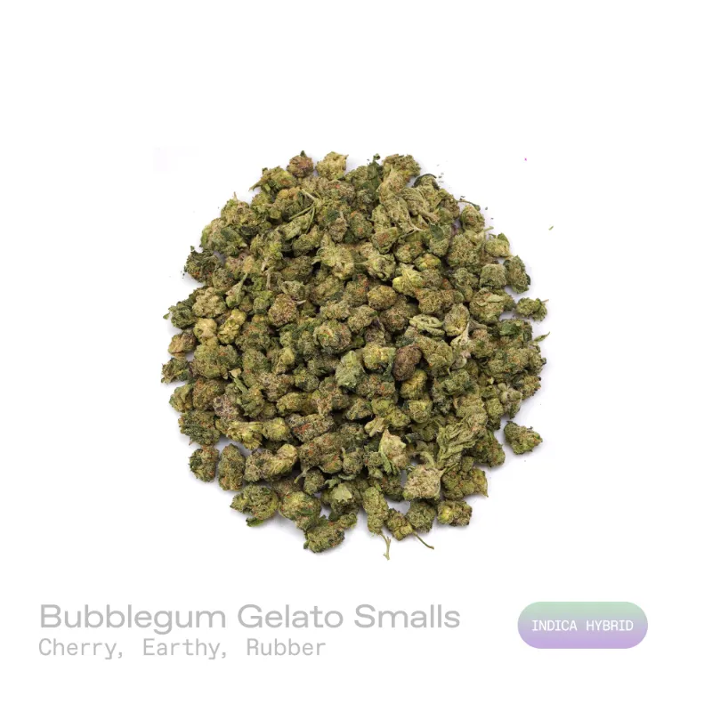 Hipuffy Bubblegum Gelato THCa Flower (Indoor) (Indica Hybrid) dense green buds with orange pistils and trichomes