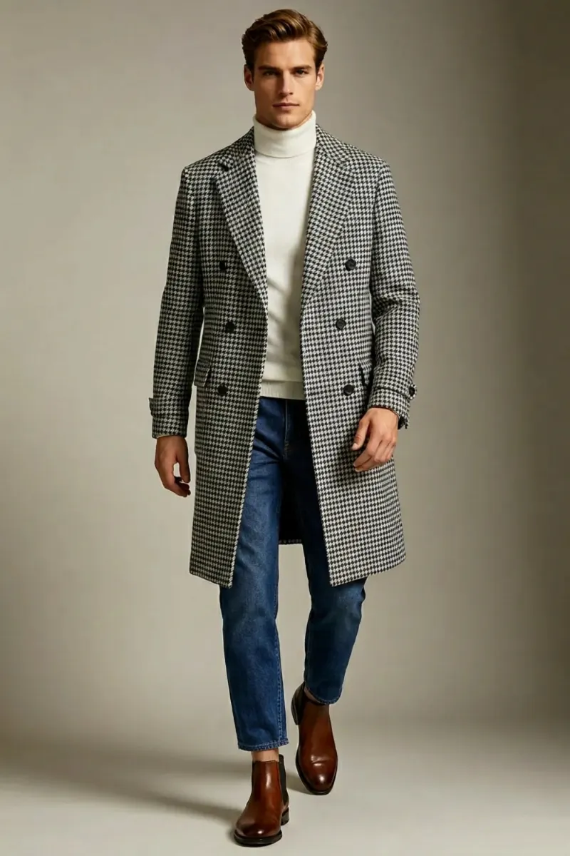 Wehilion Men's Black And White Houndstooth Double Breasted Long Overcoat in a wool blend