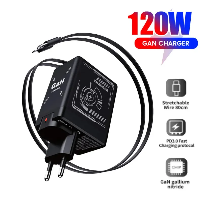 Kicklo 120W Fast Charging Retractable Charger with built-in cable and compact design