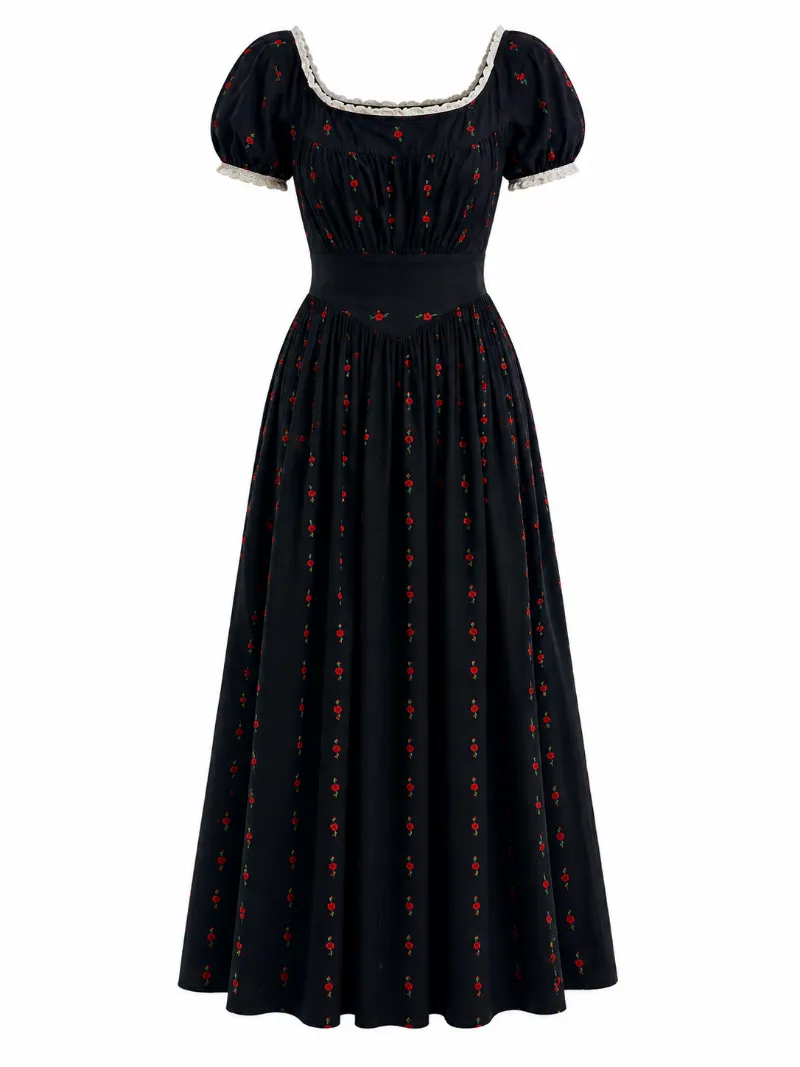 Cottagecore Clothes Dark Cottagecore Crimson Rose Puff Sleeve Maxi Dress with red floral print