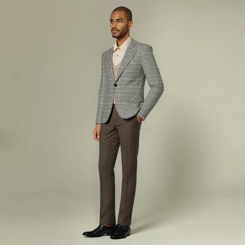 Cloudstyle K13037 Series 3-Piece Suit Plaid Design Suit in Khaki, showing blazer, vest, and pants