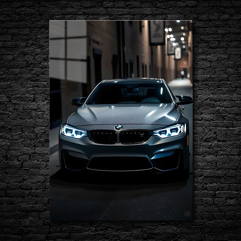 CruArt Street Phantom metal print showing sleek BMW M4 with LED headlights in dark alley