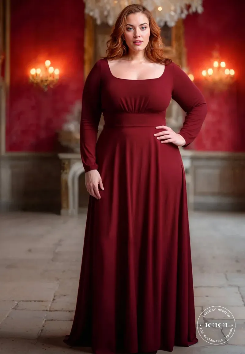 IGIGI Elizabeth Plus Size Evening Dress In Burgundy, a square-neck floor-length evening dress with flared skirt