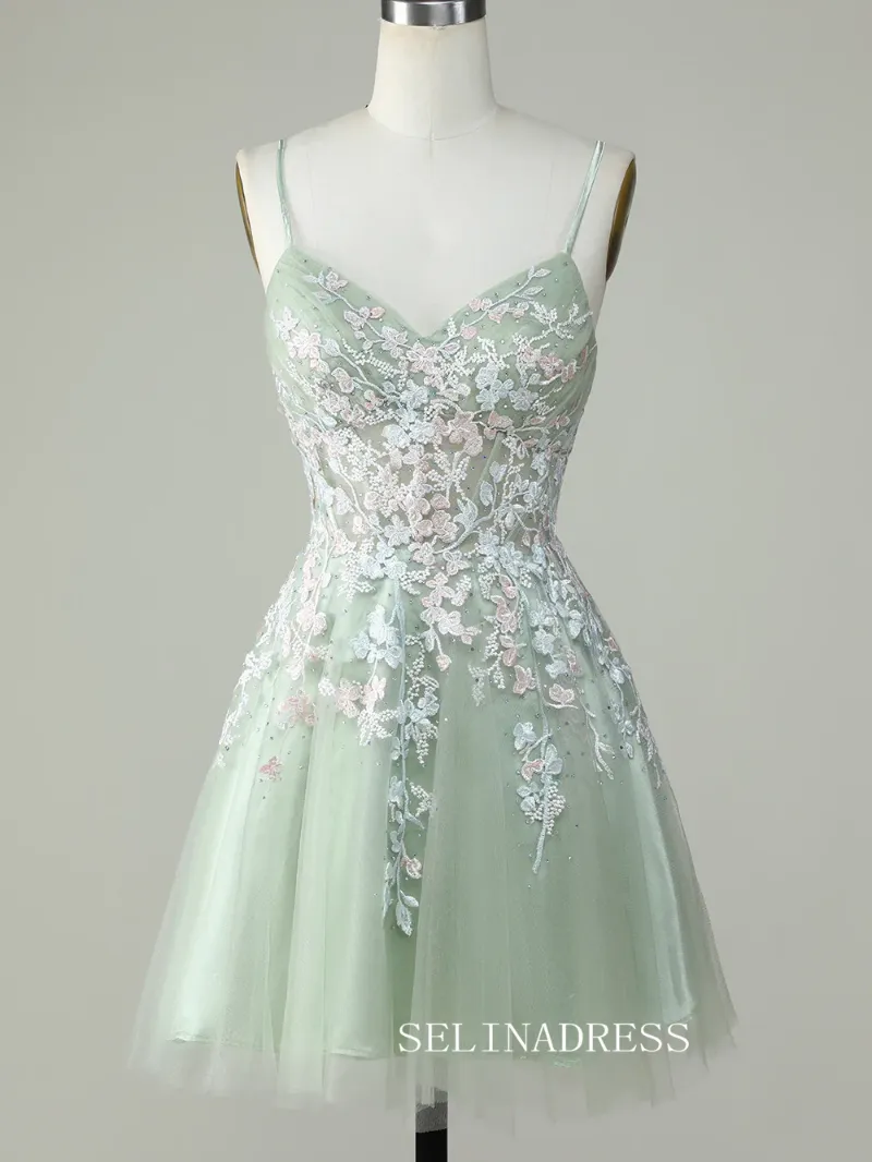 Selinadress A-line Dusty Sage Homecoming Dresses Hoco Dress with spaghetti straps and lace applique
