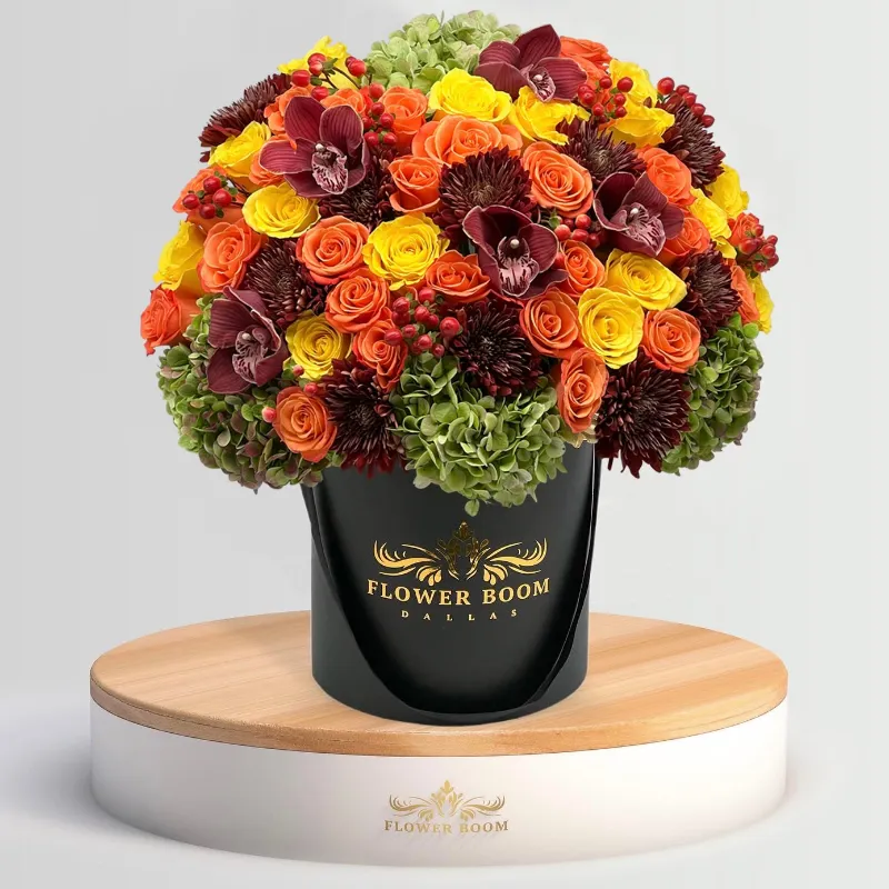 Flower Boom Dallas Autumn Spice arrangement with red, orange, and burgundy roses and hydrangeas