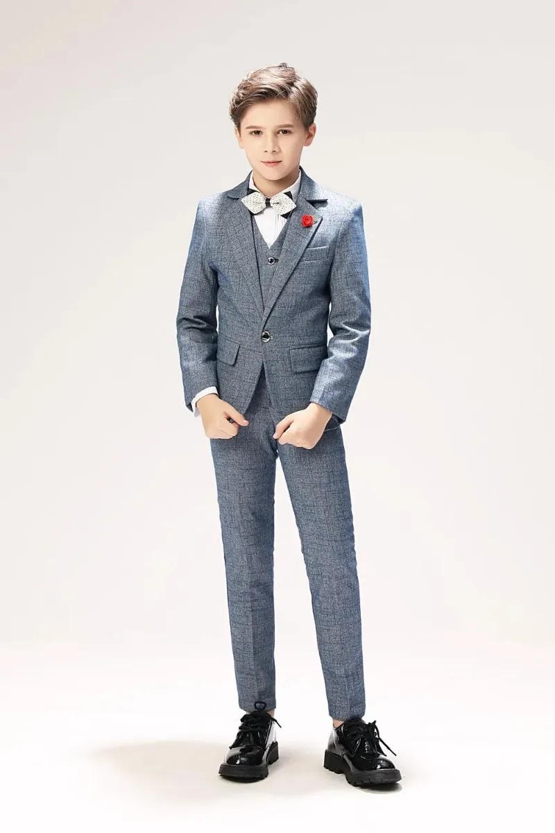 Wehilion Grey Formal 5 Piece Boys Suits shown as a complete formal outfit with jacket, vest, shirt, trousers, and tie