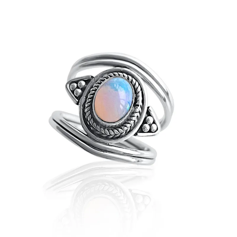 DORSYA Iris Silver Ring with Opal showing iridescent gemstone in textured silver band