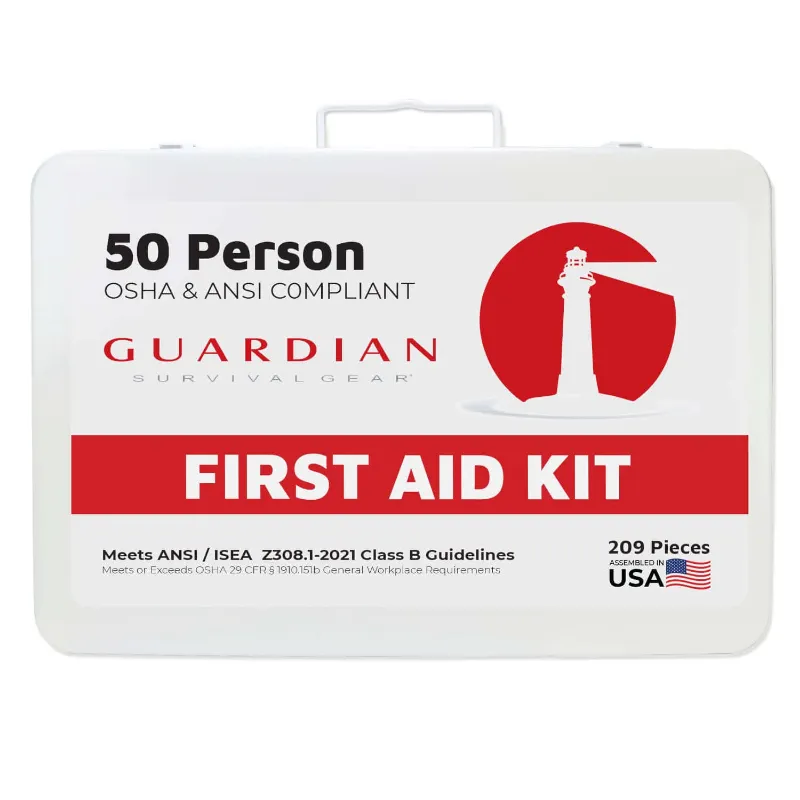 ViTAC Solutions Guardian Survival Gear First Aid Kit showing steel wall-mountable case with 209-piece ANSI compliant supplies